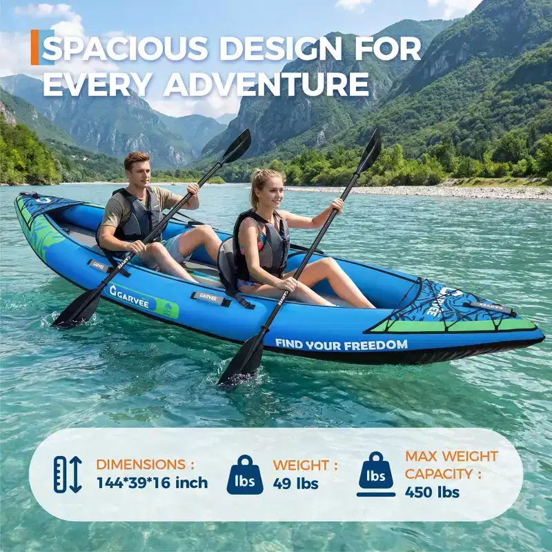 Inflatable Tandem Kayak for 2 Adults - 12.5FT, 450LB Capacity, 3 Removable Fins, Padded Seats, Portable for Outdoor Water Sports for 2 Person