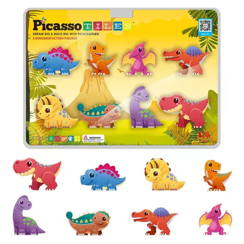 PICASSO-TILES 8PCS Dinosaur Toys Action Figures Compatible with Magnetic Tiles, STEM Construction Build and Play Learning Educational Toys Set