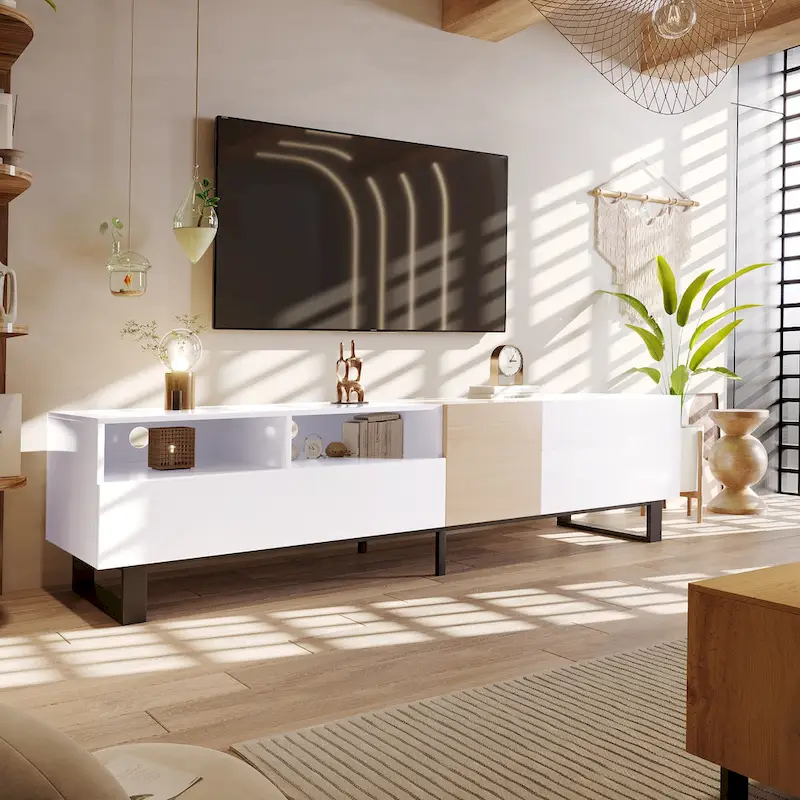 White+Natural 70.9 TV Stand with Storage and Drop Down Door for TVs Up to 80