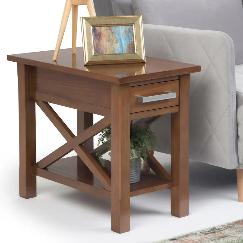 Solid Wood Narrow Side Table with 1 Drawer & Bottom Shelf, 14