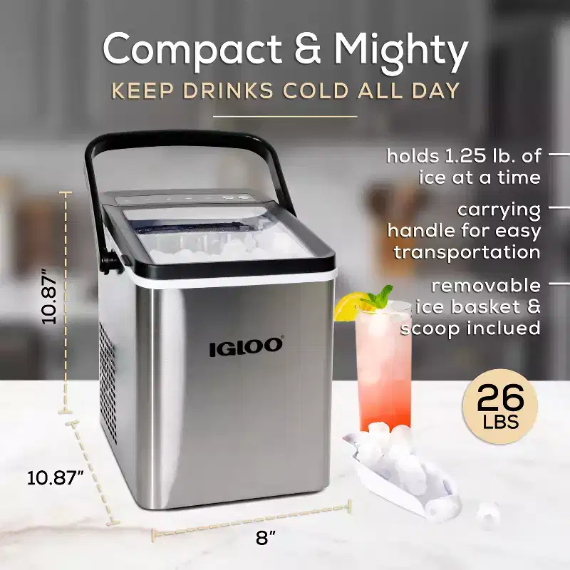 Igloo Self-Cleaning Portable Electric Countertop Ice Maker Machine with Handle, 26 Pounds in 24 Hours, with Ice Scoop and Basket, Stainless Steel