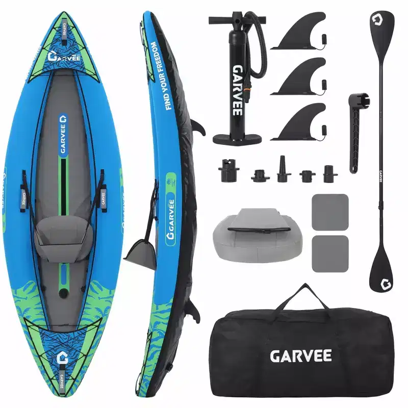 Inflatable Single Person Kayak for Outdoor Water Sports Portable & Durable Solo Paddle Board - One Seat Design, Tough Fabric Cover, Ideal for Fishing