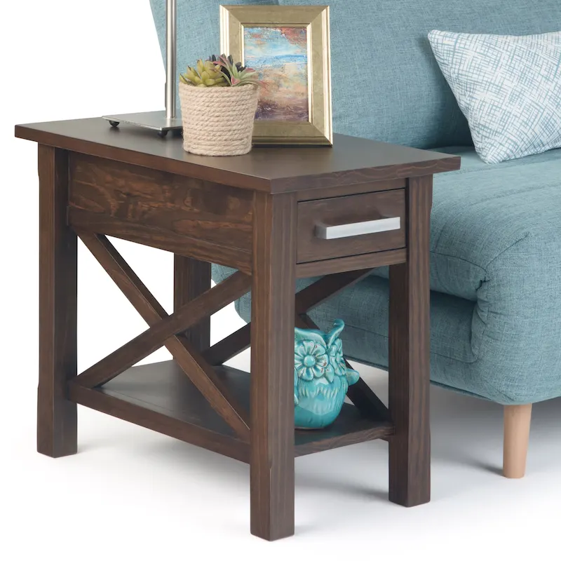 Solid Wood Narrow Side Table with 1 Drawer & Bottom Shelf, 14