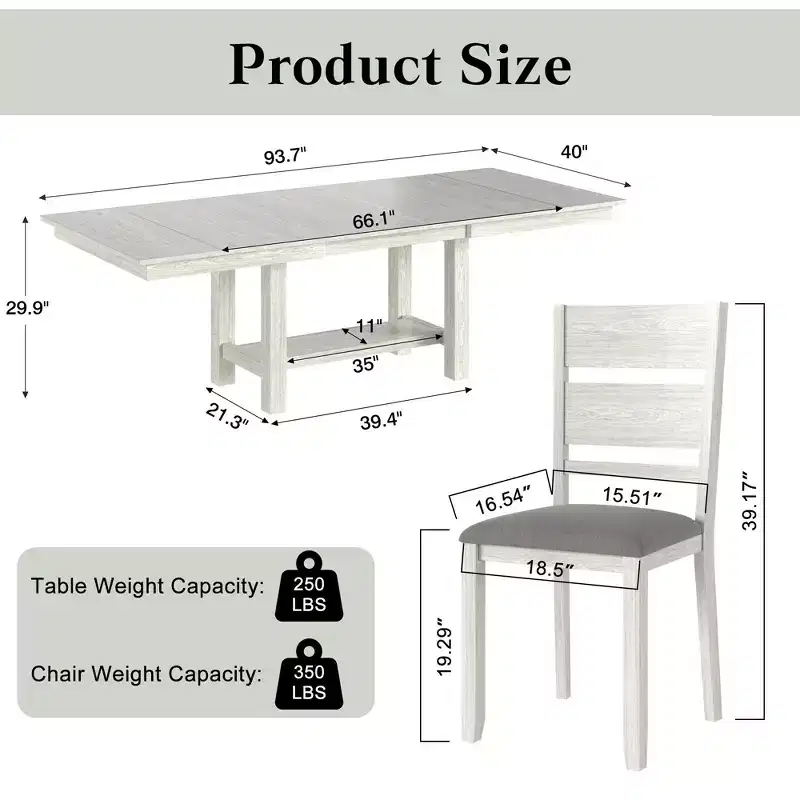 VECELO Rustic 7-Piece Extendable Dining Table Set for 6, Rubber Wood Table and 6 Armless Upholstered Dining Chairs, Gray