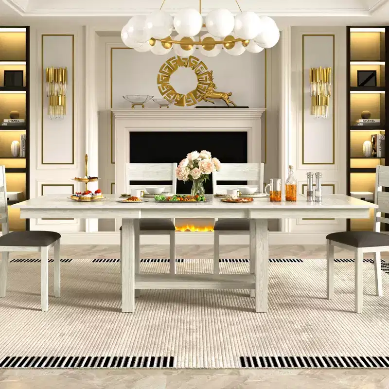 VECELO Rustic 7-Piece Extendable Dining Table Set for 6, Rubber Wood Table and 6 Armless Upholstered Dining Chairs, Gray