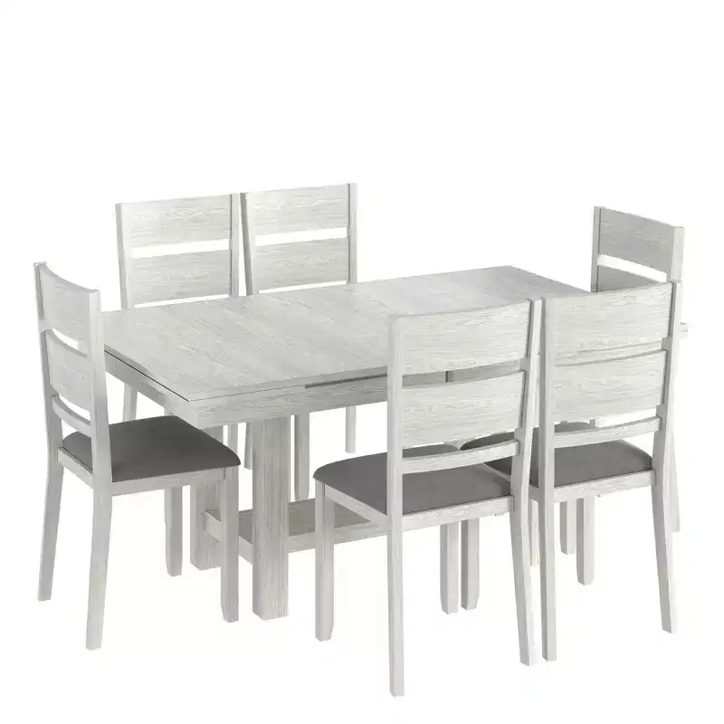 VECELO Rustic 7-Piece Extendable Dining Table Set for 6, Rubber Wood Table and 6 Armless Upholstered Dining Chairs, Gray