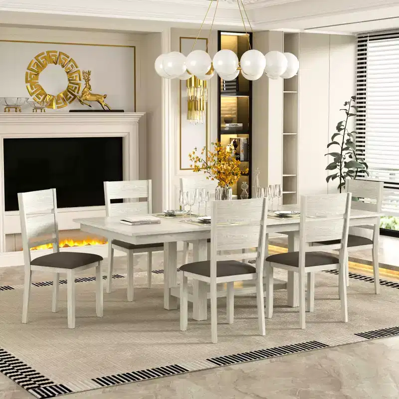 VECELO Rustic 7-Piece Extendable Dining Table Set for 6, Rubber Wood Table and 6 Armless Upholstered Dining Chairs, Gray