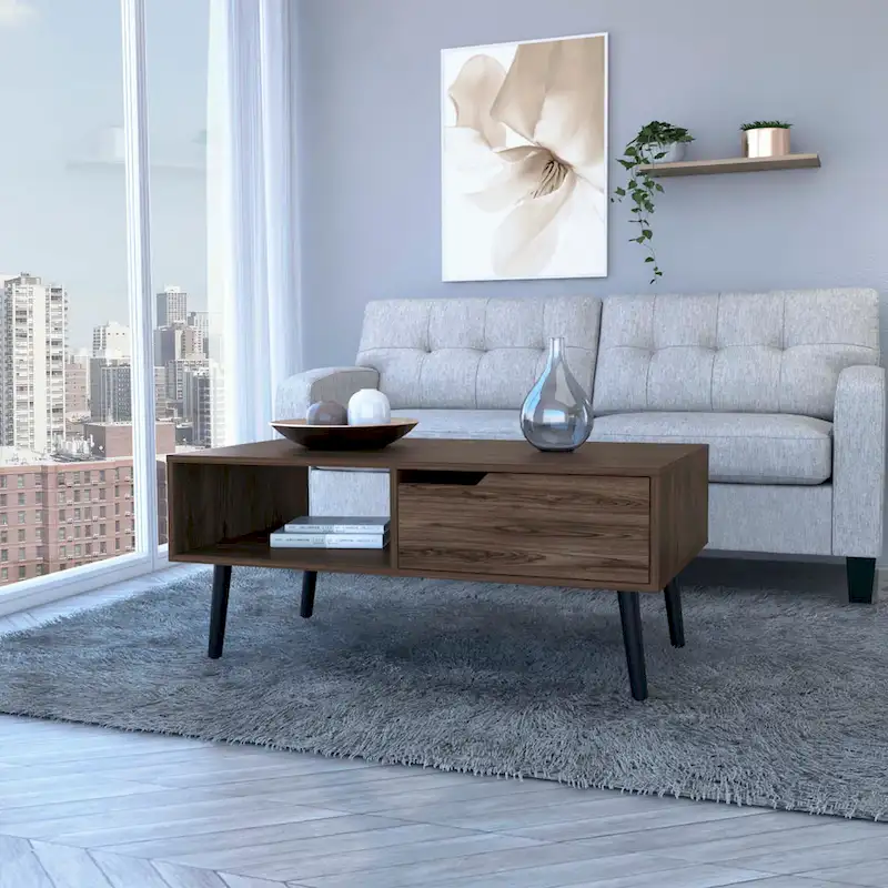 Coffee Table, One Drawer, One Open Shelf, Four Legs, Dark Walnut Finish