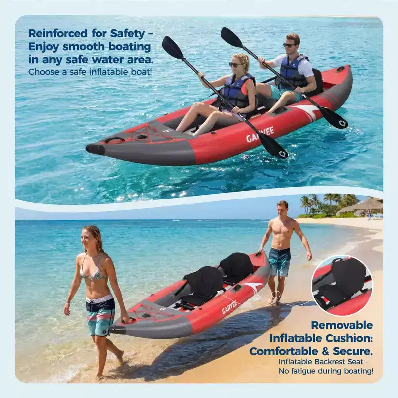 Inflatable Kayak - Red & Gray PVC Mesh, Brushed Fabric, Collapsible, Portable for Outdoor Water Sports for 2 Person