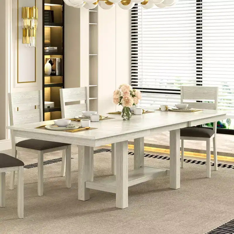 VECELO Rustic 7-Piece Extendable Dining Table Set for 6, Rubber Wood Table and 6 Armless Upholstered Dining Chairs, Gray