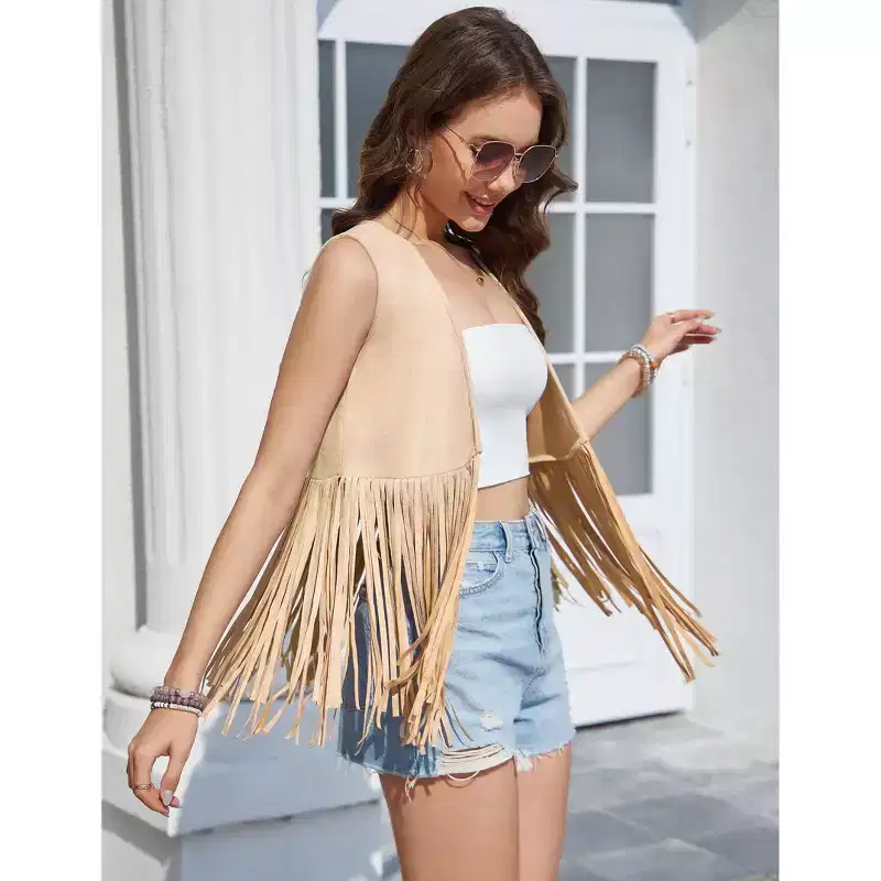 Coolmee Women's Casual Simple Vests Fashion Fringe Cardigans Tassel Sleeveless Open Front Jackets Western Faux Suede Leather Jackets S Khaki
