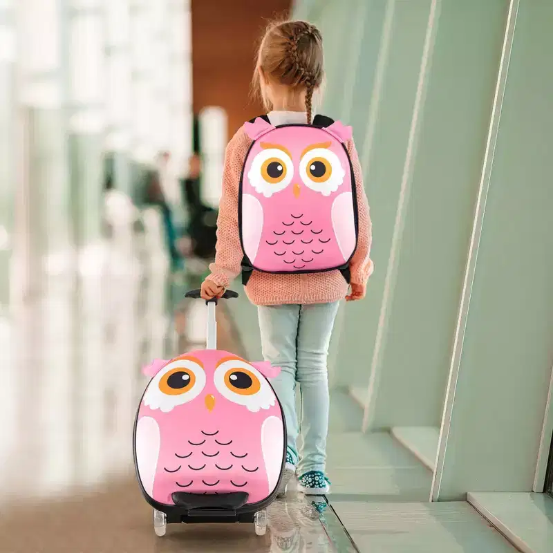 Costway 2PCS Kids Carry On Luggage Set 16'' Owl Rolling Suitcase with 12'' Backpack Travel Pink/White/Yellow