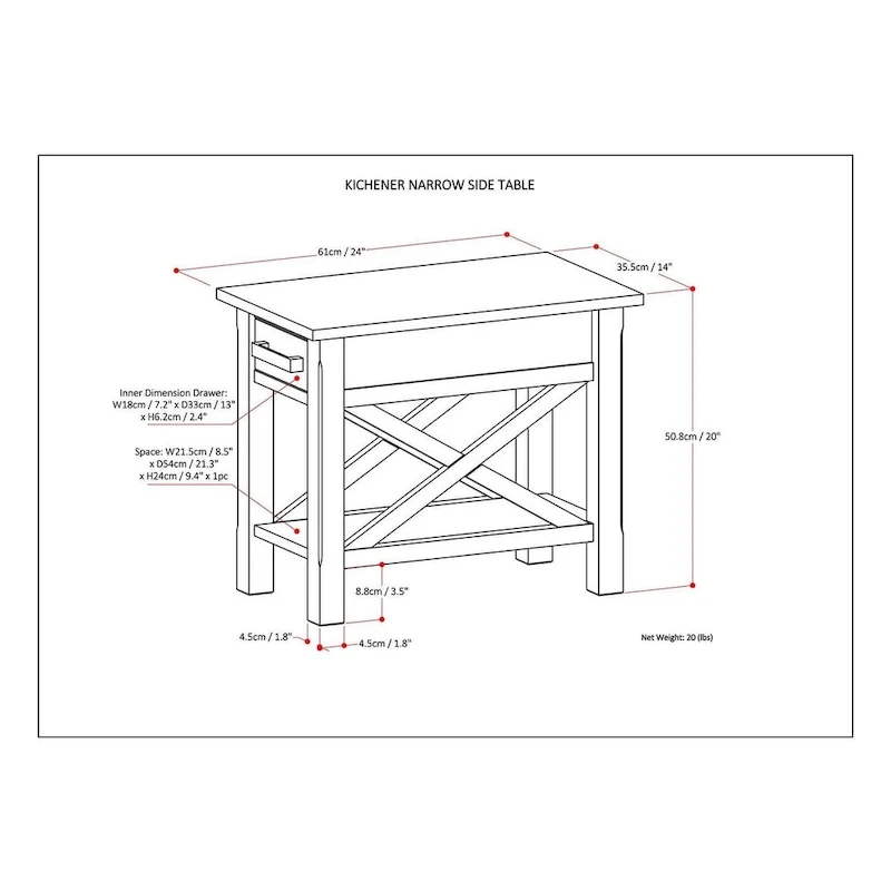 Solid Wood Narrow Side Table with 1 Drawer & Bottom Shelf, 14