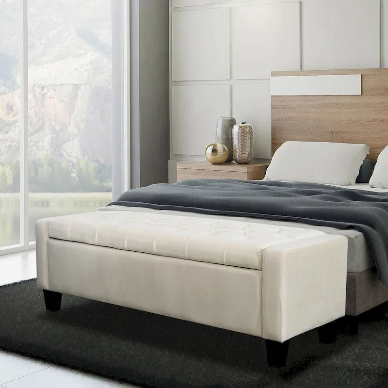 Velvet Button Tufted Flip Top Storage Bench