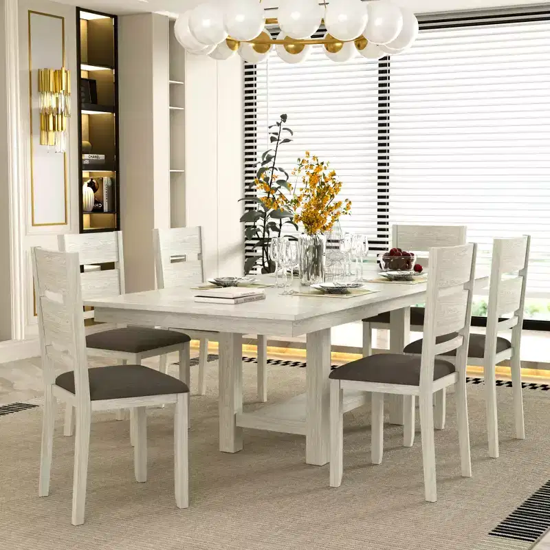 VECELO Rustic 7-Piece Extendable Dining Table Set for 6, Rubber Wood Table and 6 Armless Upholstered Dining Chairs, Gray